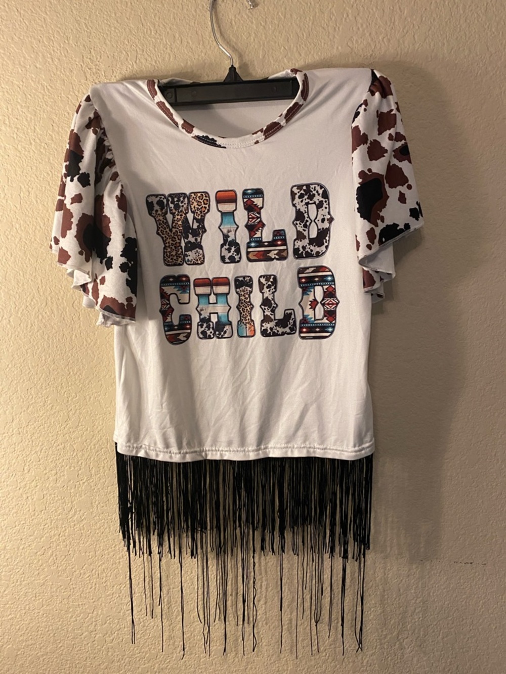 Wild Child Fringe Tee - White with Brown Cowprint Sleeves